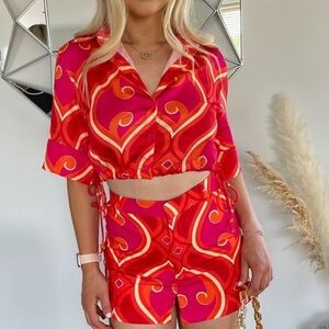 Zara Geometric Skort Set High Waisted Shorts Crop Shirt Orange Pink Size Small